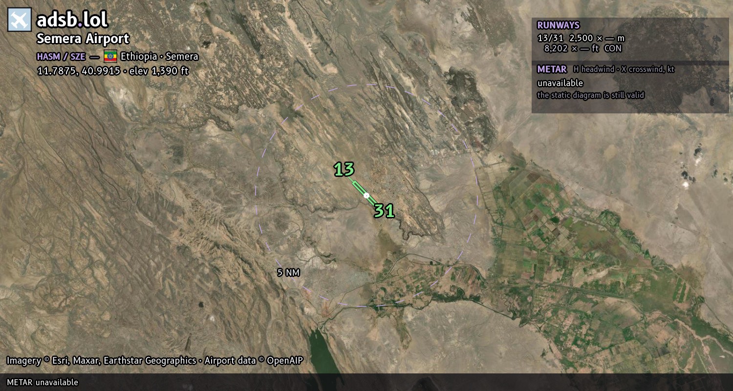 Satellite map with the runway layout of Semera Airport (HASM)