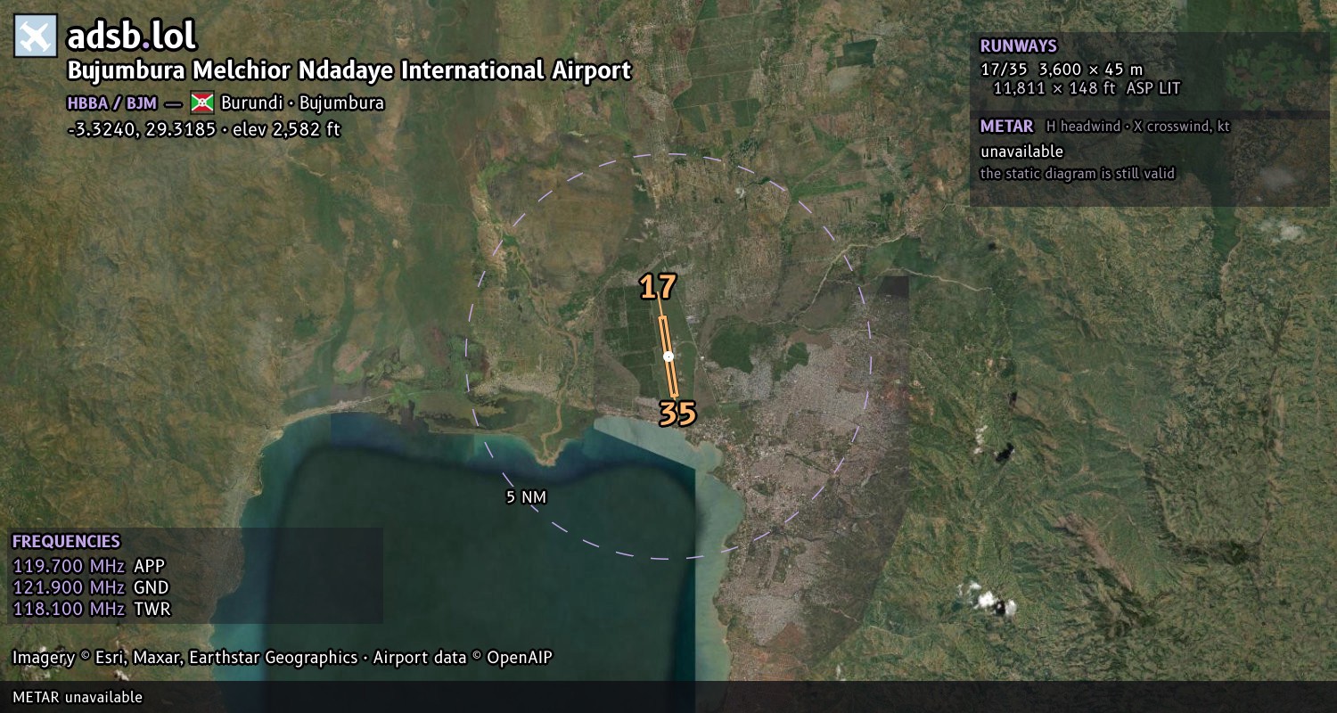 Satellite map with the runway layout of Bujumbura Melchior Ndadaye International Airport (HBBA)