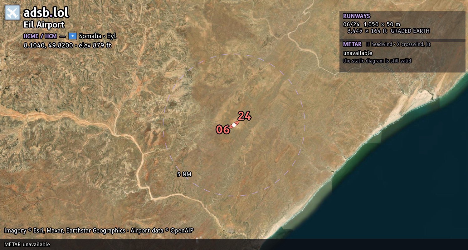Satellite map with the runway layout of Eil Airport (HCME)