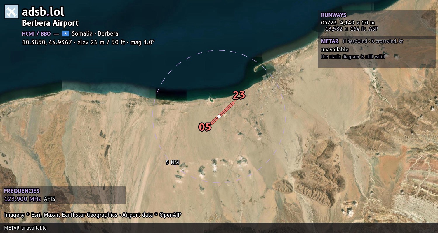 Satellite map with the runway layout of Berbera Airport (HCMI)