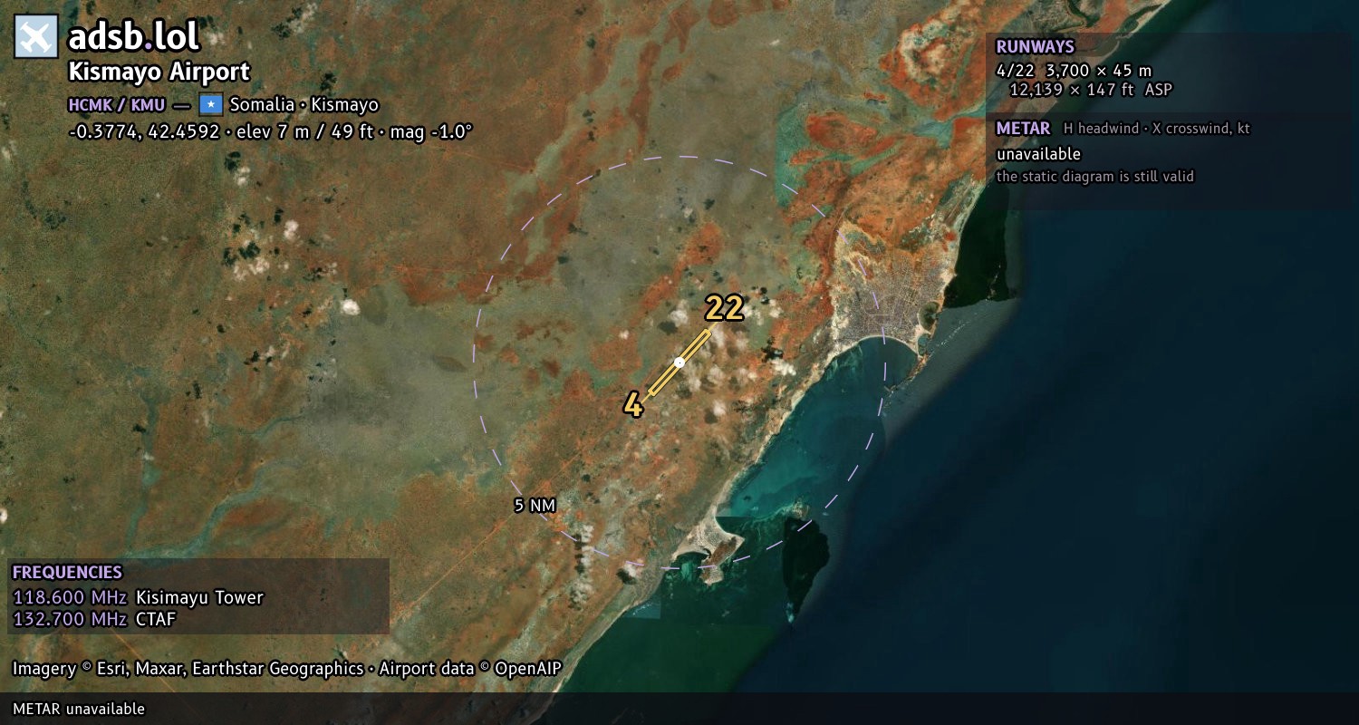 Satellite map with the runway layout of Kismayo Airport (HCMK)