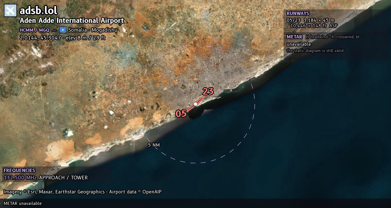 Satellite map with the runway layout of Aden Adde International Airport (HCMM)