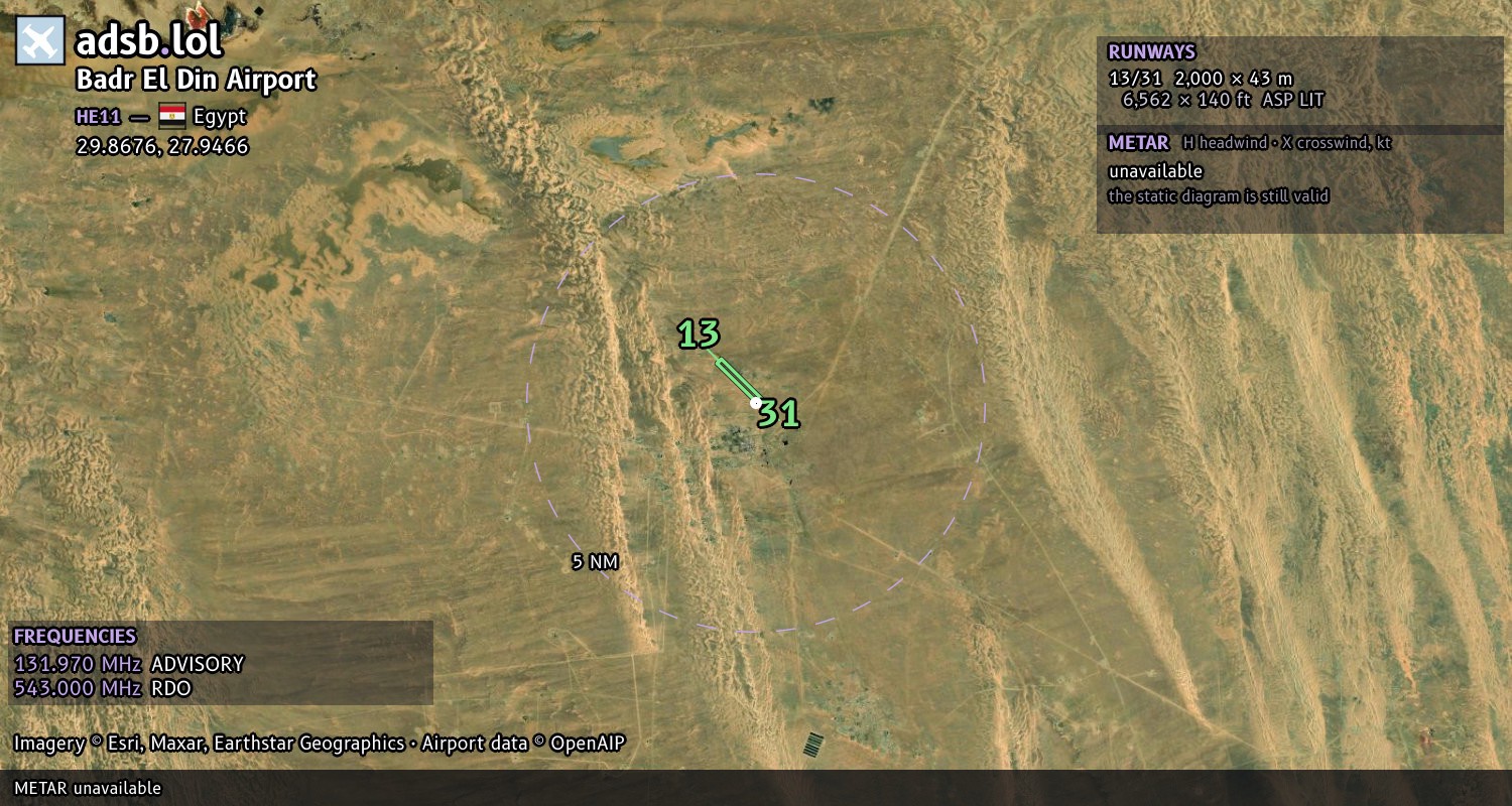 Satellite map with the runway layout of Badr El Din Airport (HE11)