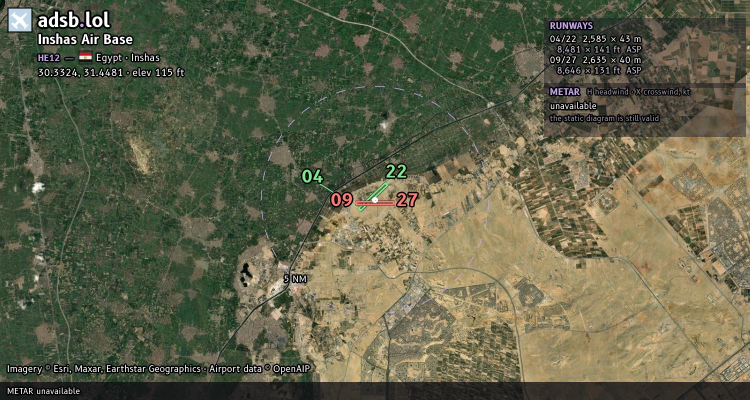 Satellite map with the runway layout of Inshas Air Base (HE12)