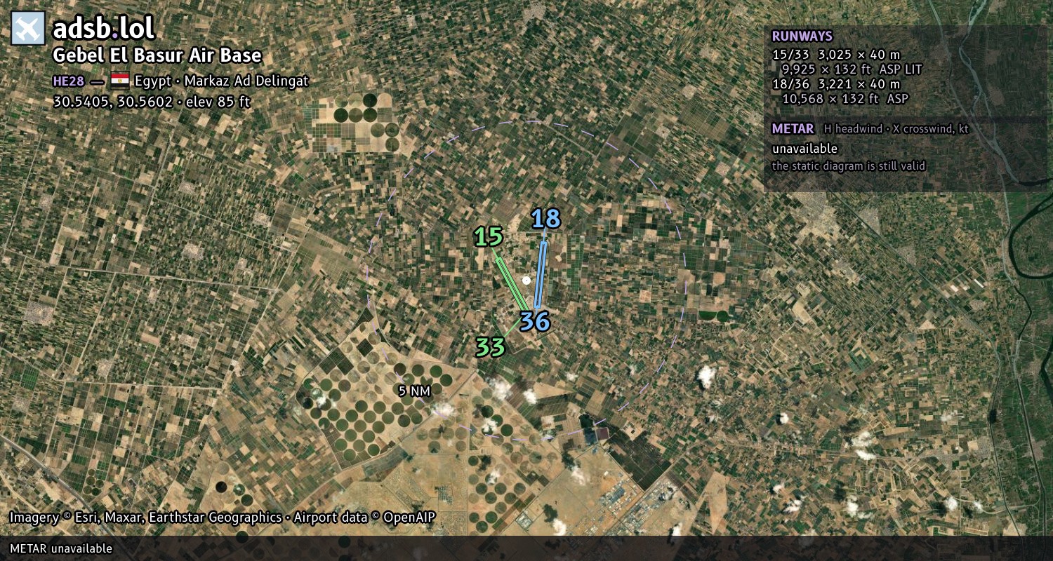 Satellite map with the runway layout of Gebel El Basur Air Base (HE28)