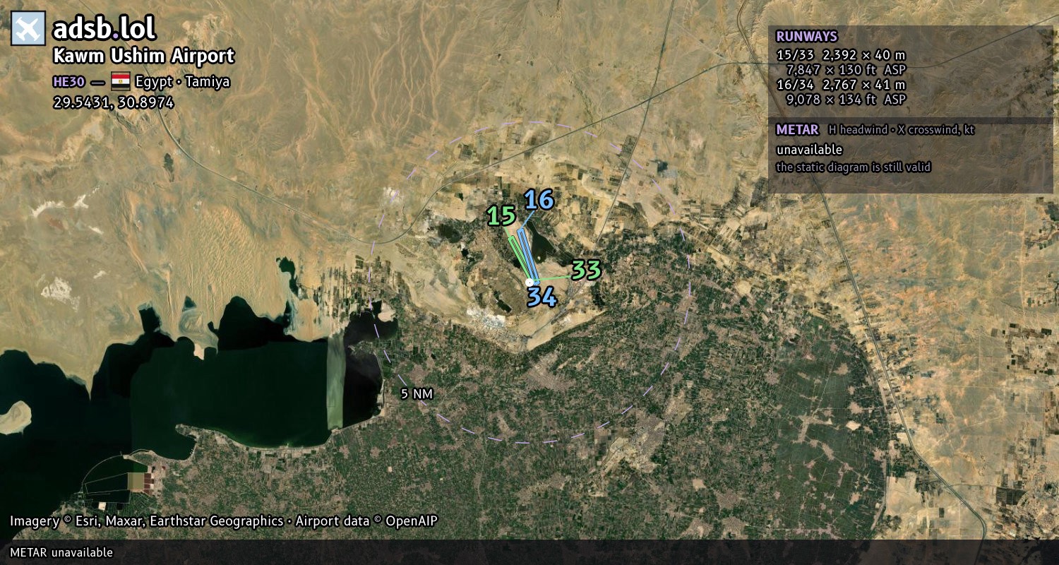 Satellite map with the runway layout of Kawm Ushim Airport (HE30)