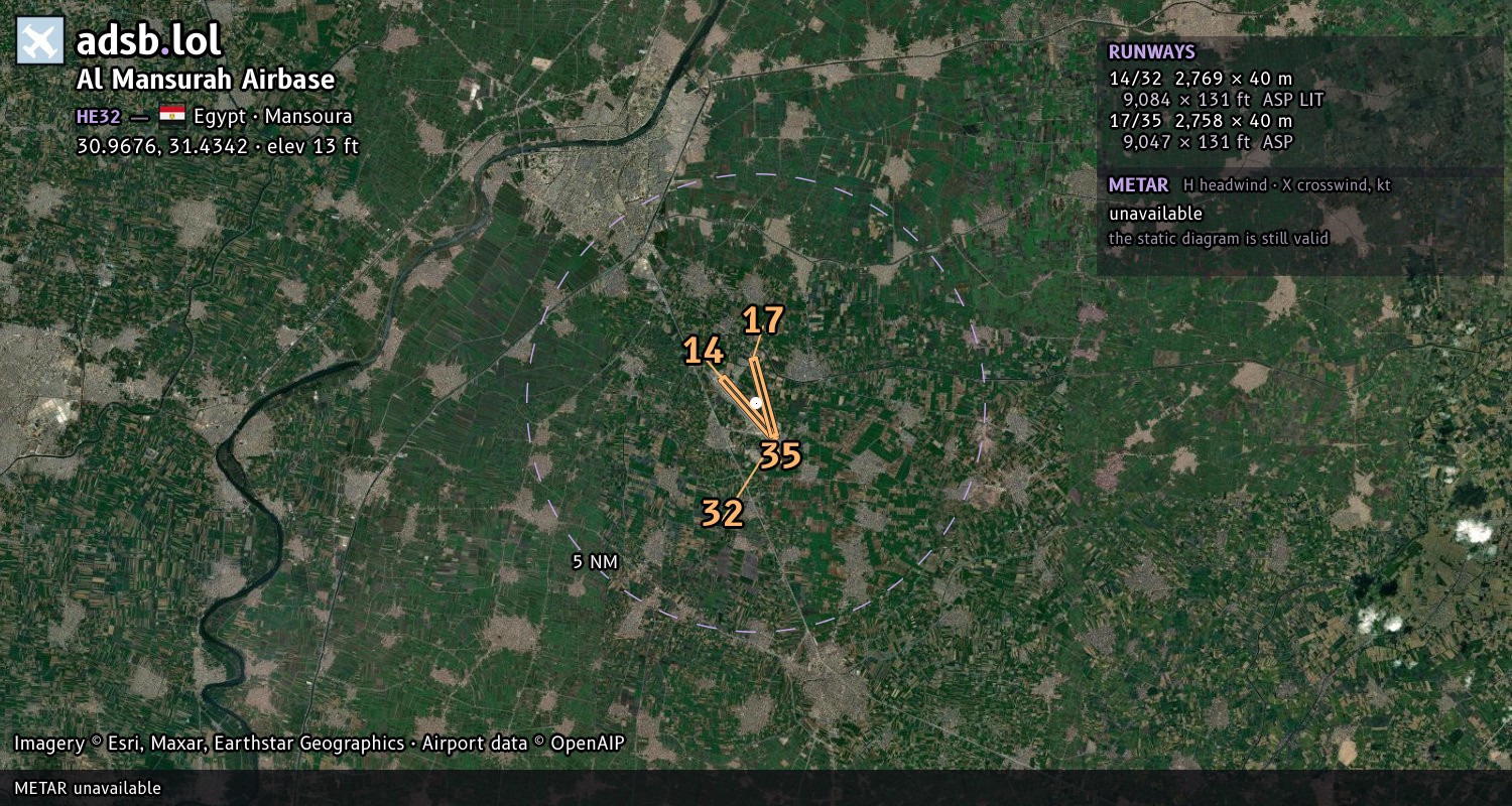 Satellite map with the runway layout of Al Mansurah Airbase (HE32)