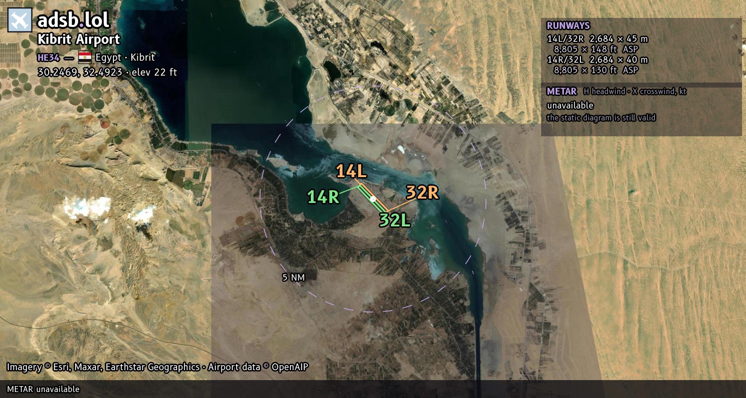 Satellite map with the runway layout of Kibrit Airport (HE34)