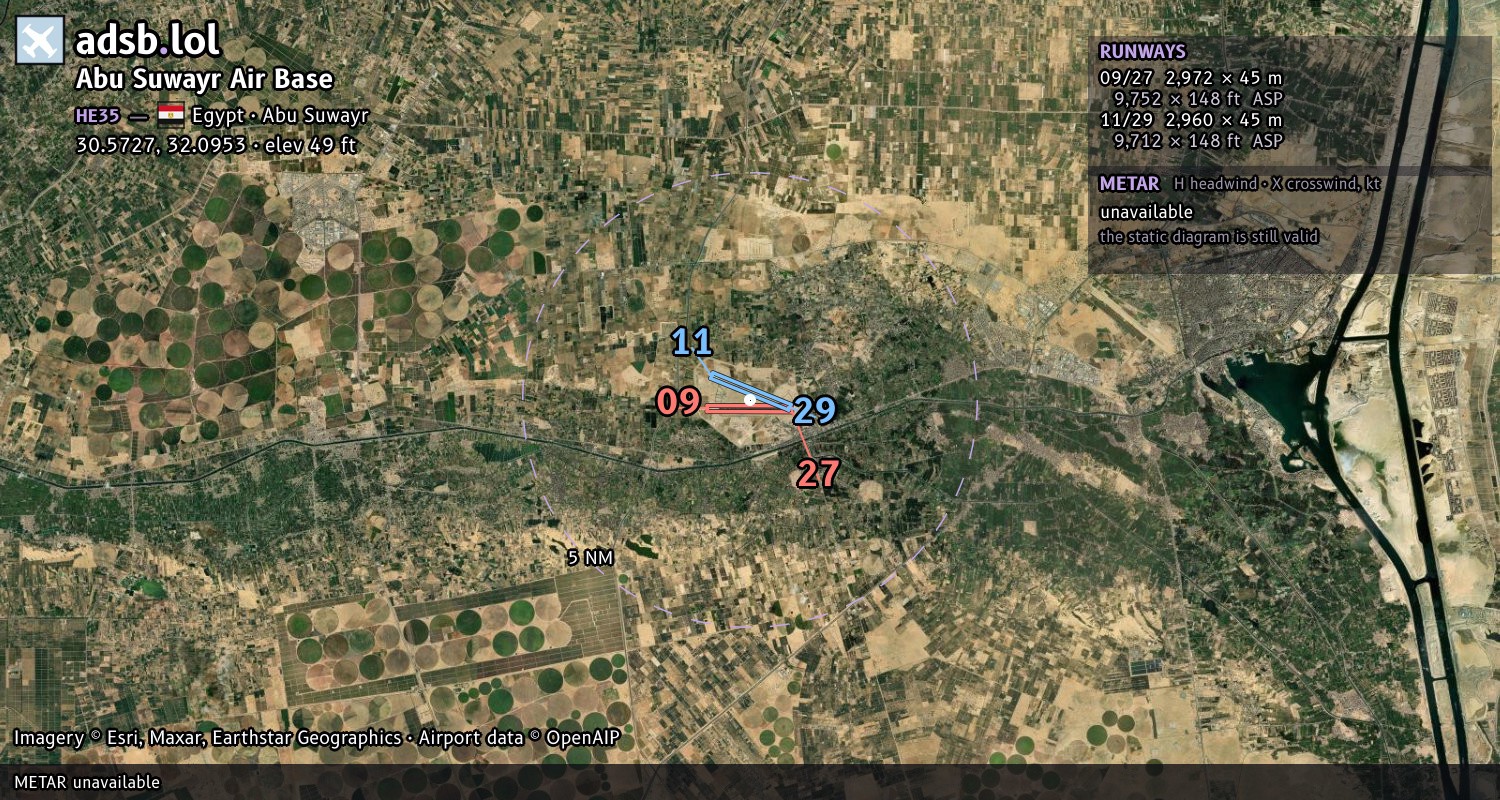 Satellite map with the runway layout of Abu Suwayr Air Base (HE35)