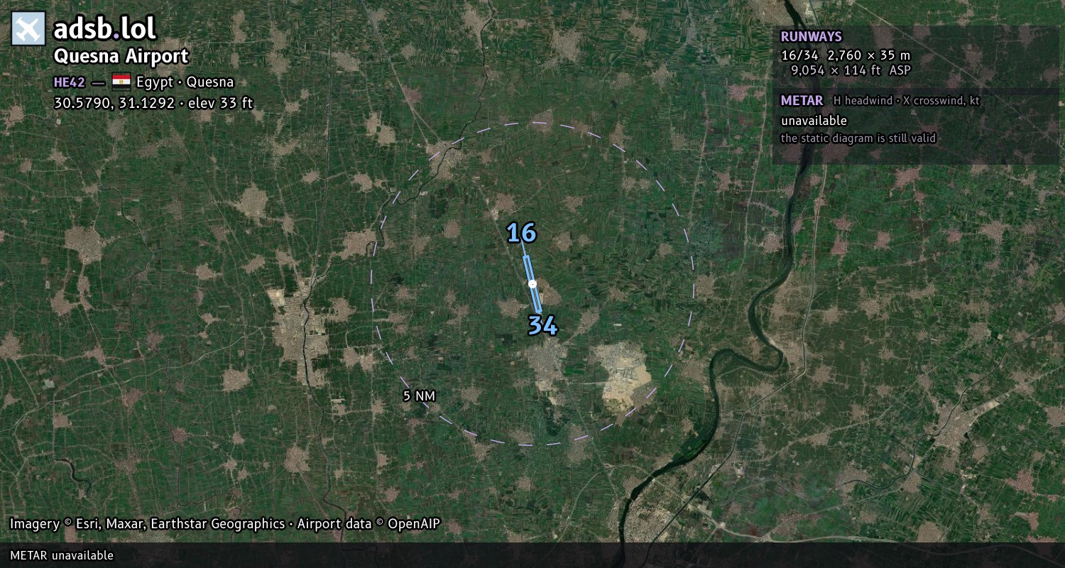 Satellite map with the runway layout of Quesna Airport (HE42)