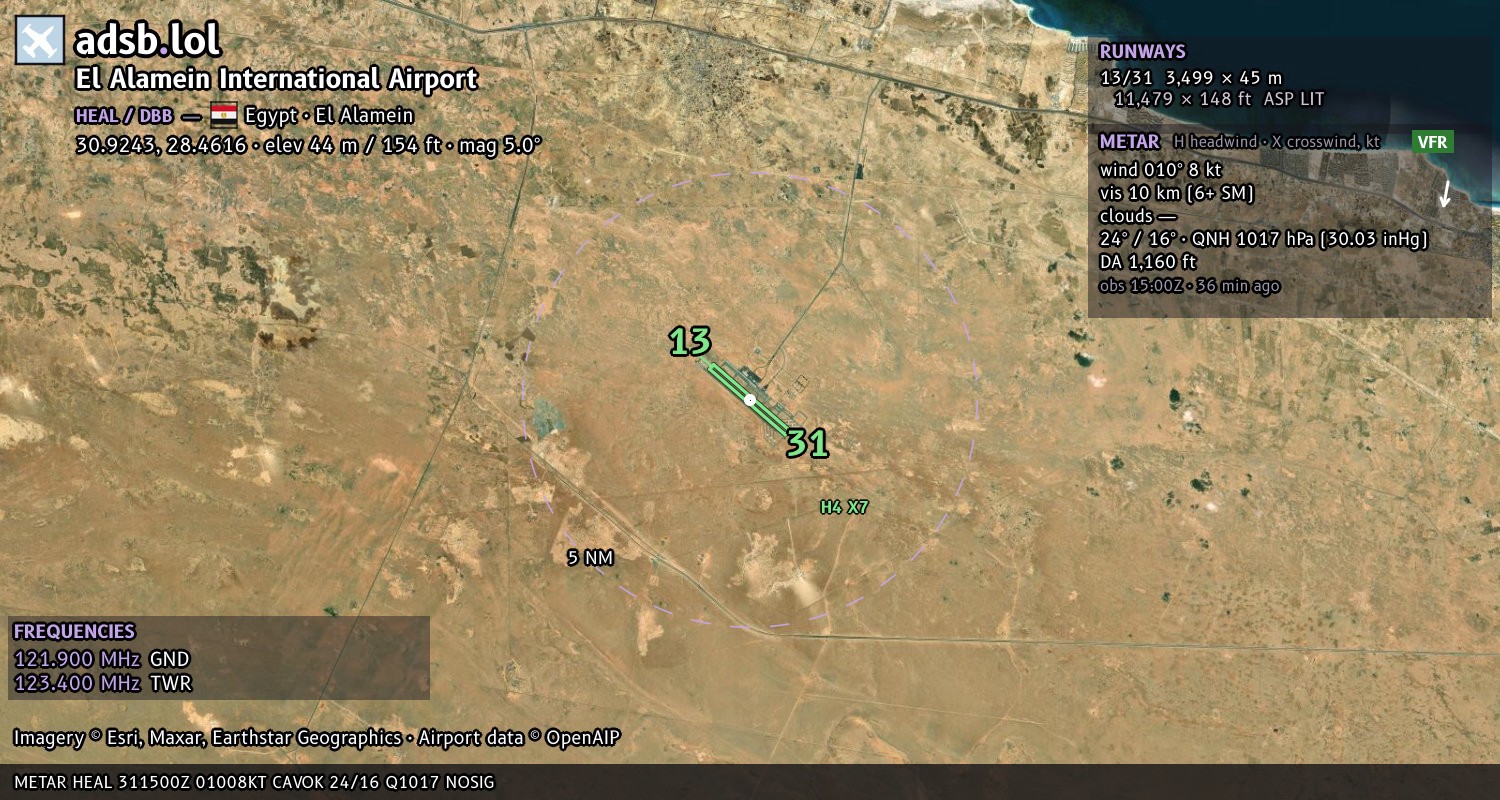 Satellite map with the runway layout of El Alamein International Airport (HEAL)