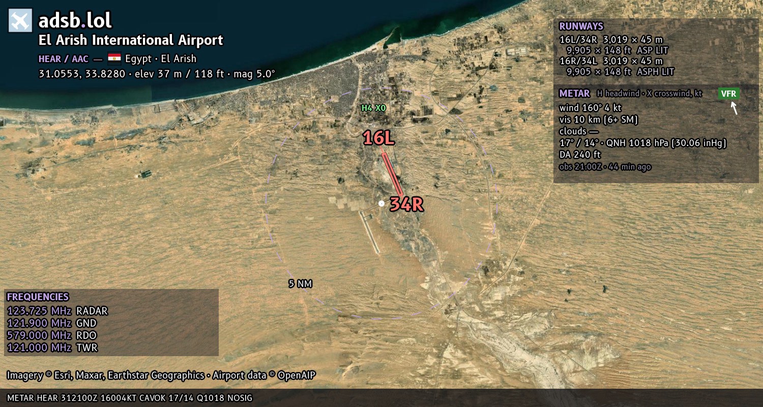 Satellite map with the runway layout of El Arish International Airport (HEAR)