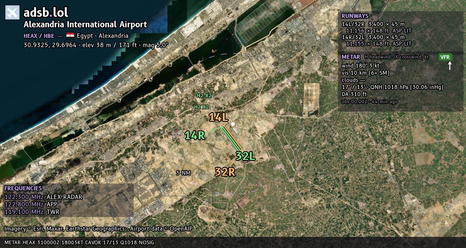 Satellite map with the runway layout of Alexandria International Airport (HEAX)