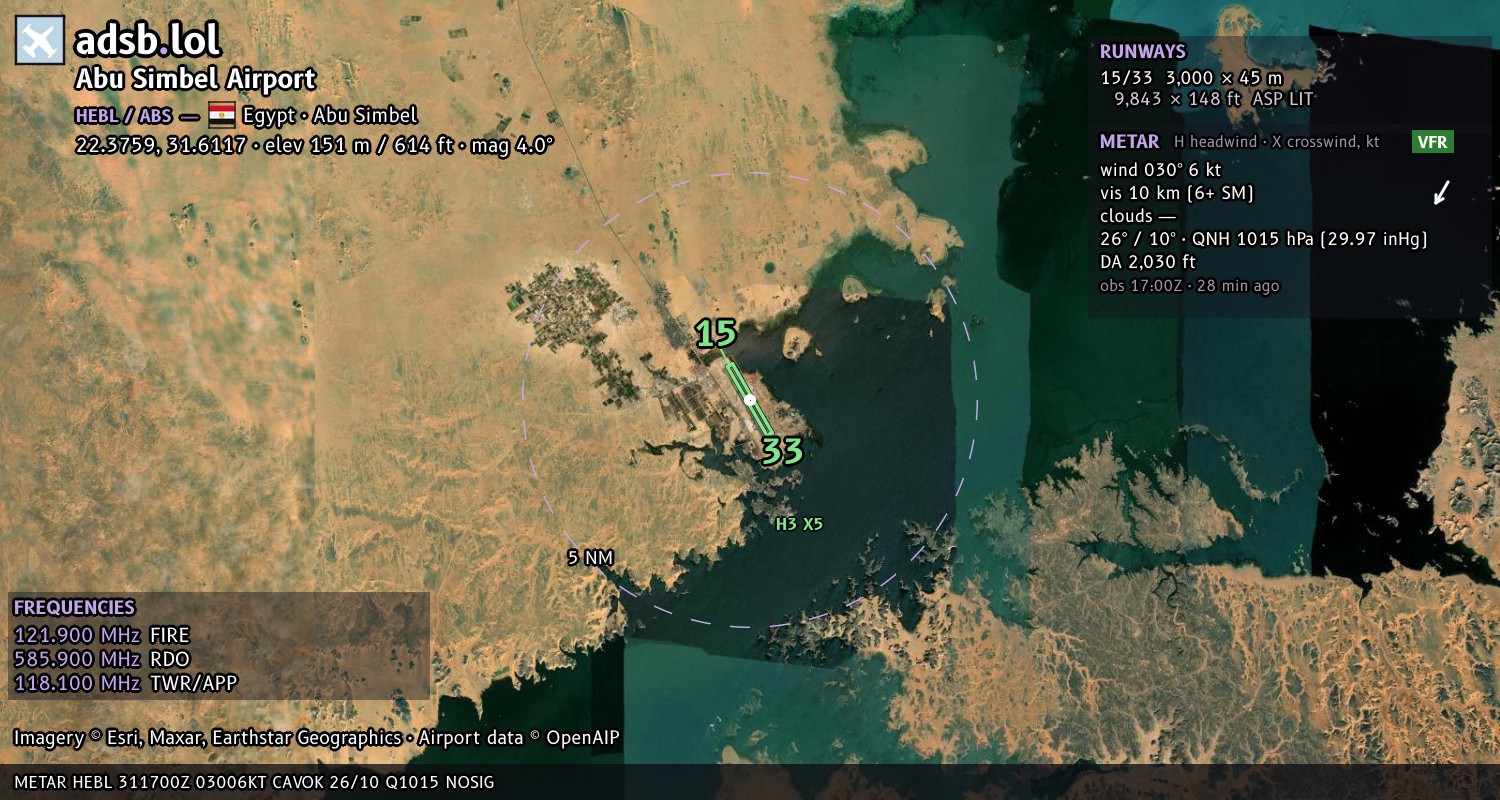 Satellite map with the runway layout of Abu Simbel Airport (HEBL)