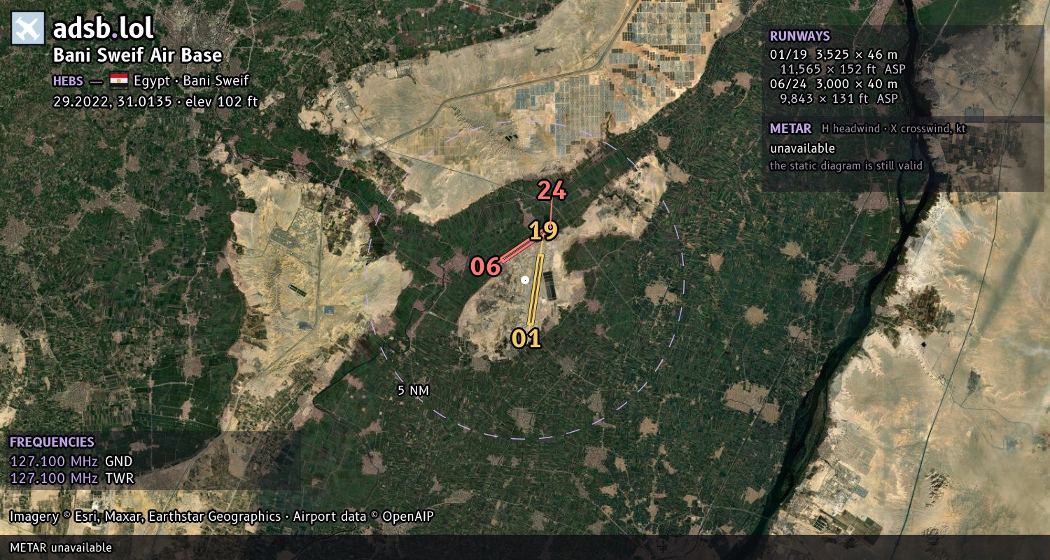 Satellite map with the runway layout of Bani Sweif Air Base (HEBS)