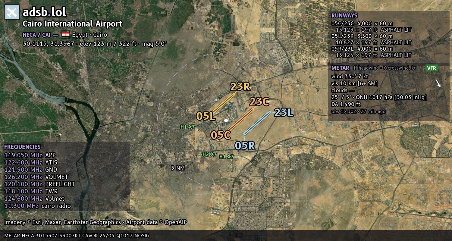 Satellite map with the runway layout of Cairo International Airport (HECA)