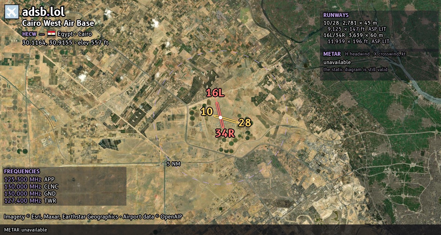 Satellite map with the runway layout of Cairo West Air Base (HECW)