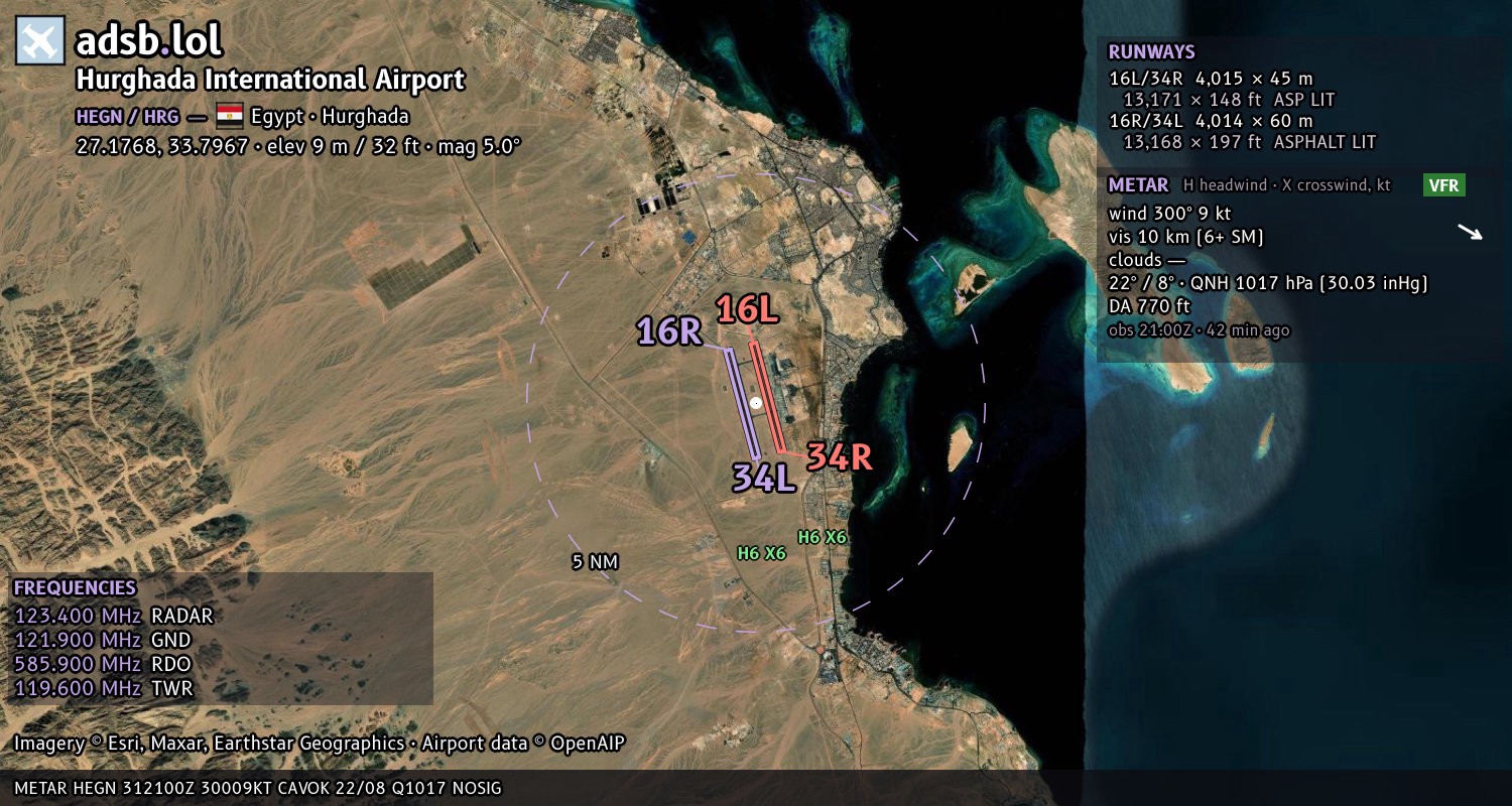Satellite map with the runway layout of Hurghada International Airport (HEGN)