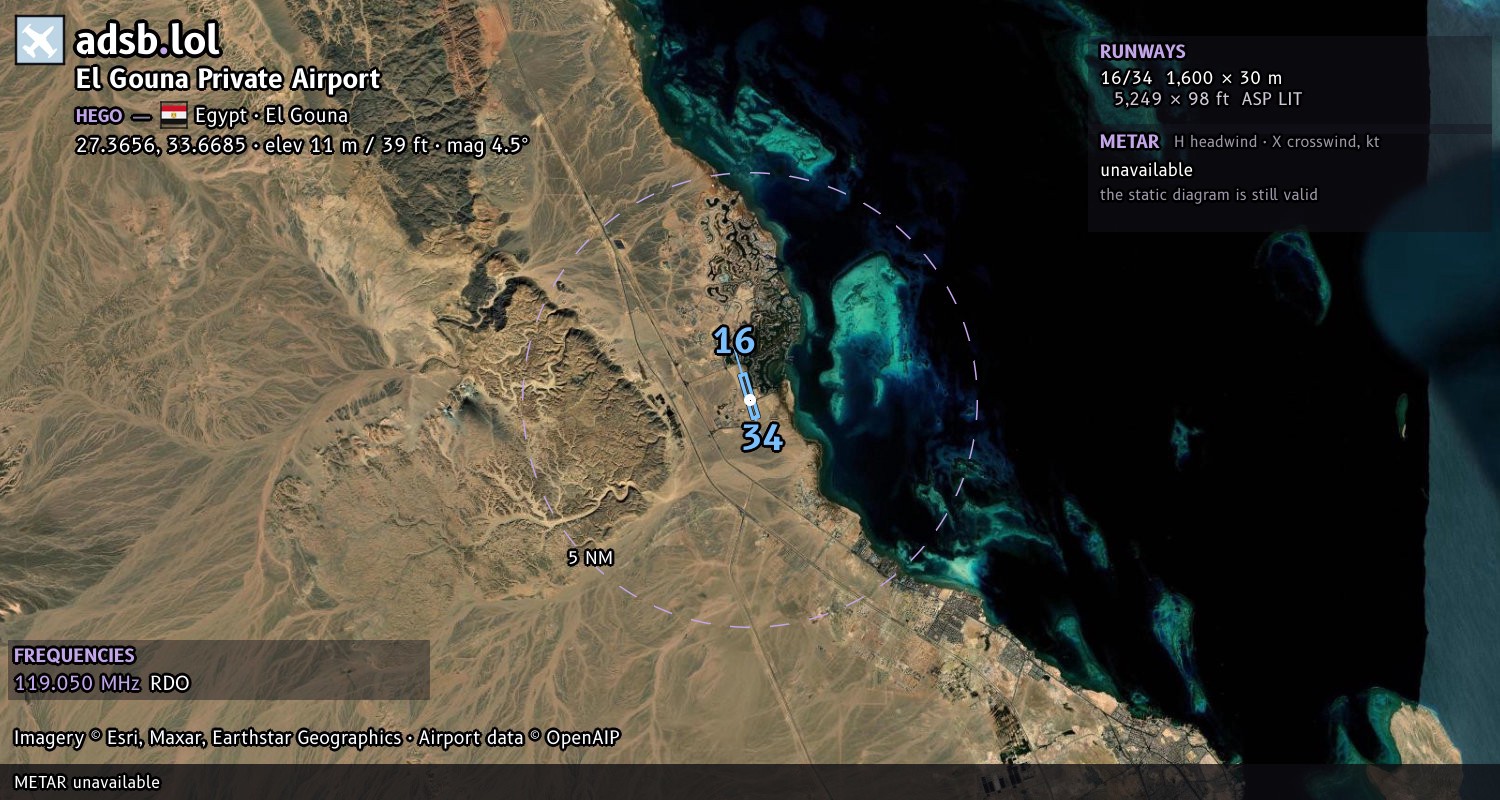 Satellite map with the runway layout of El Gouna Private Airport (HEGO)