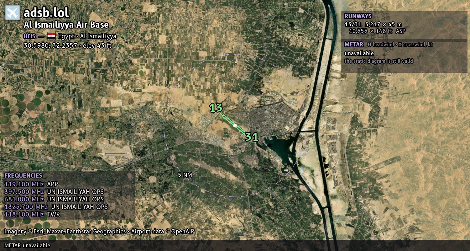 Satellite map with the runway layout of Al Ismailiyya Air Base (HEIS)
