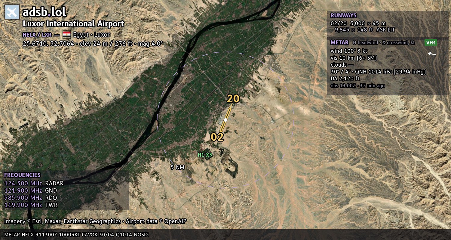 Satellite map with the runway layout of Luxor International Airport (HELX)