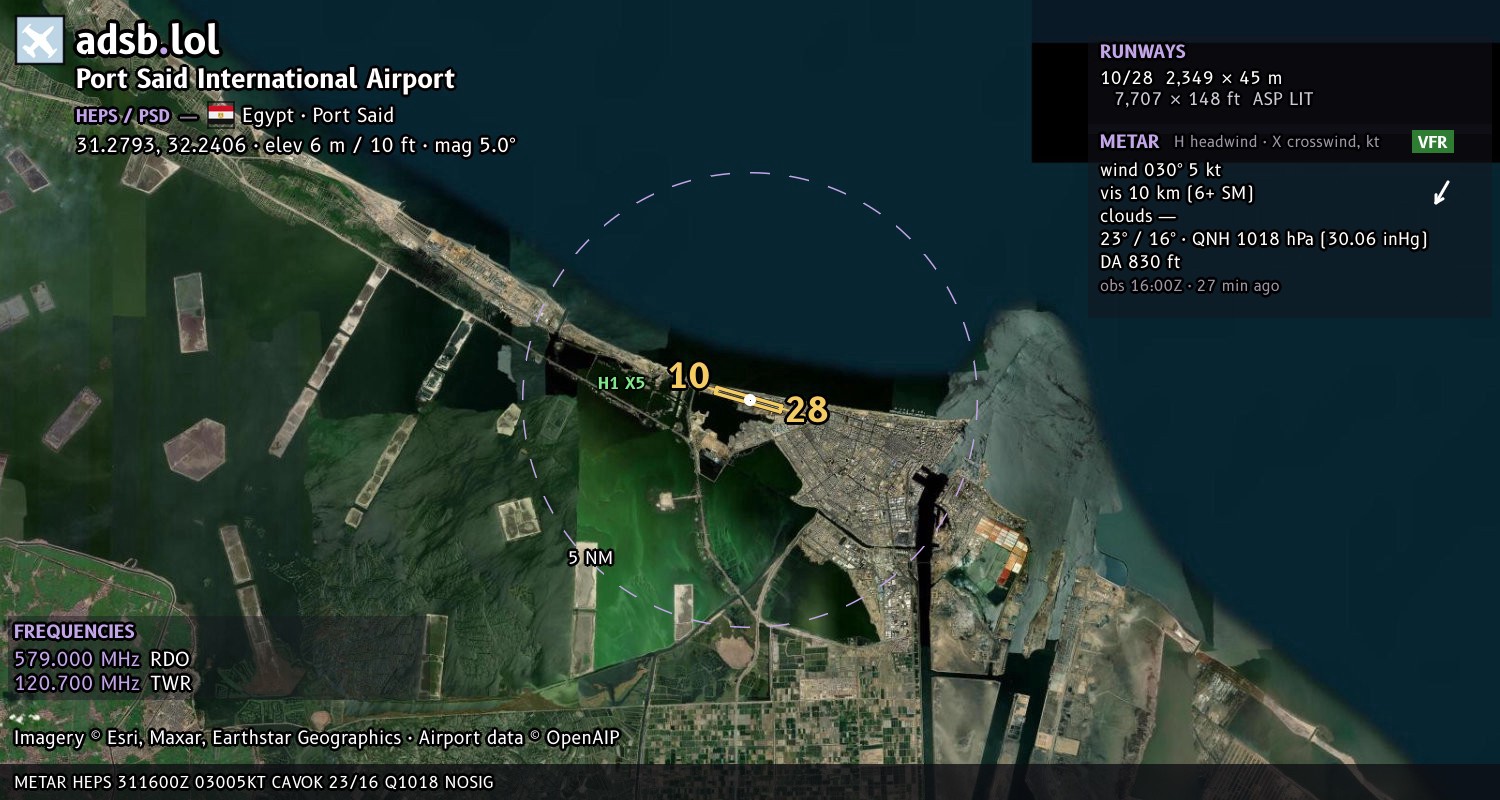 Satellite map with the runway layout of Port Said International Airport (HEPS)