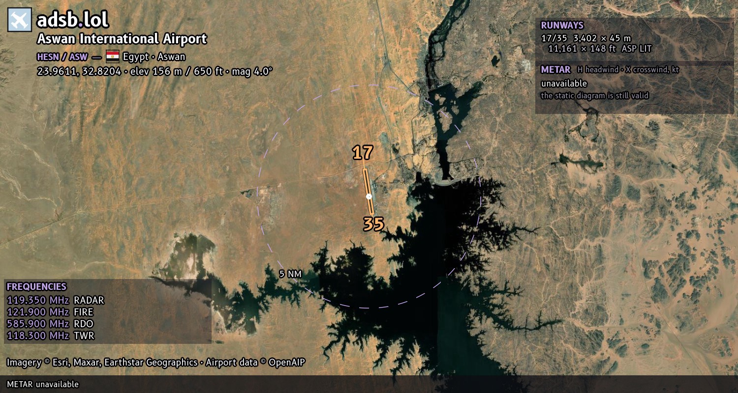 Satellite map with the runway layout of Aswan International Airport (HESN)