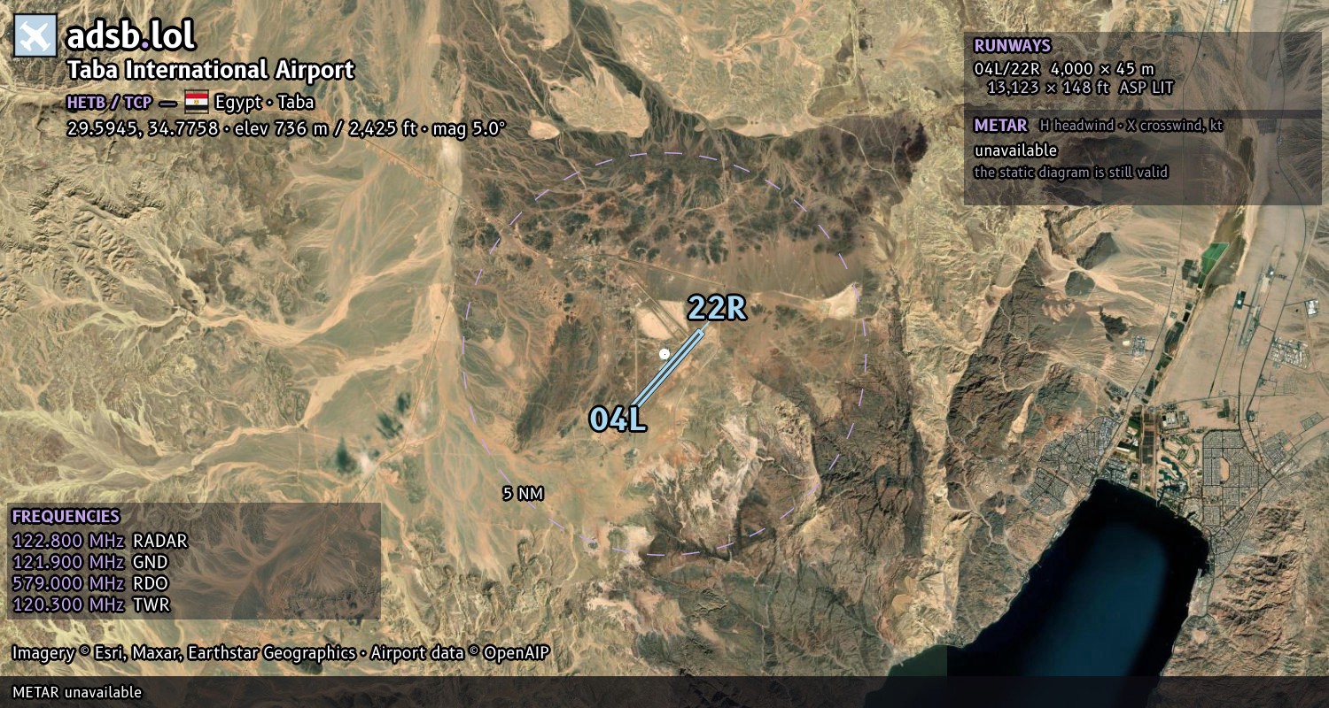 Satellite map with the runway layout of Taba International Airport (HETB)