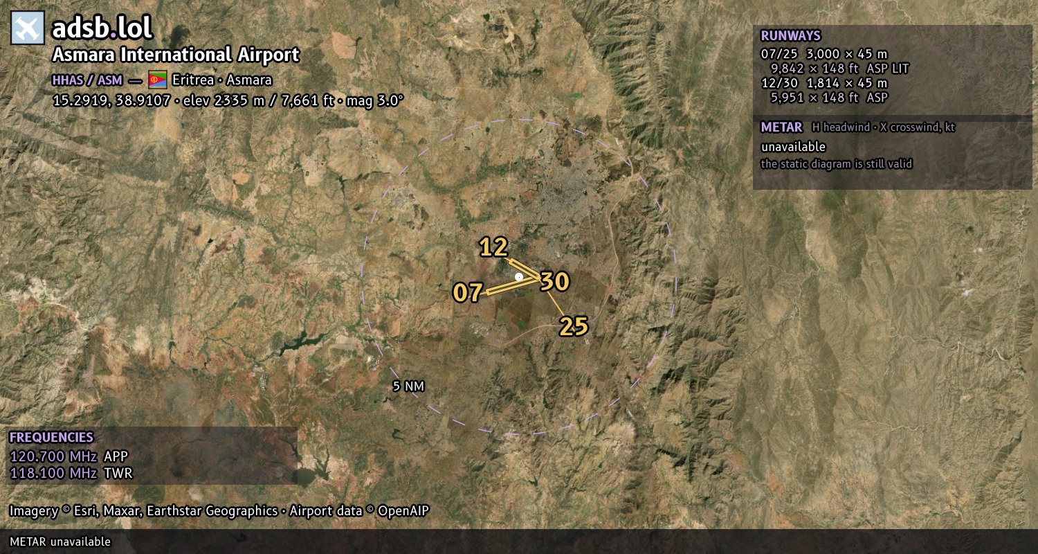 Satellite map with the runway layout of Asmara International Airport (HHAS)