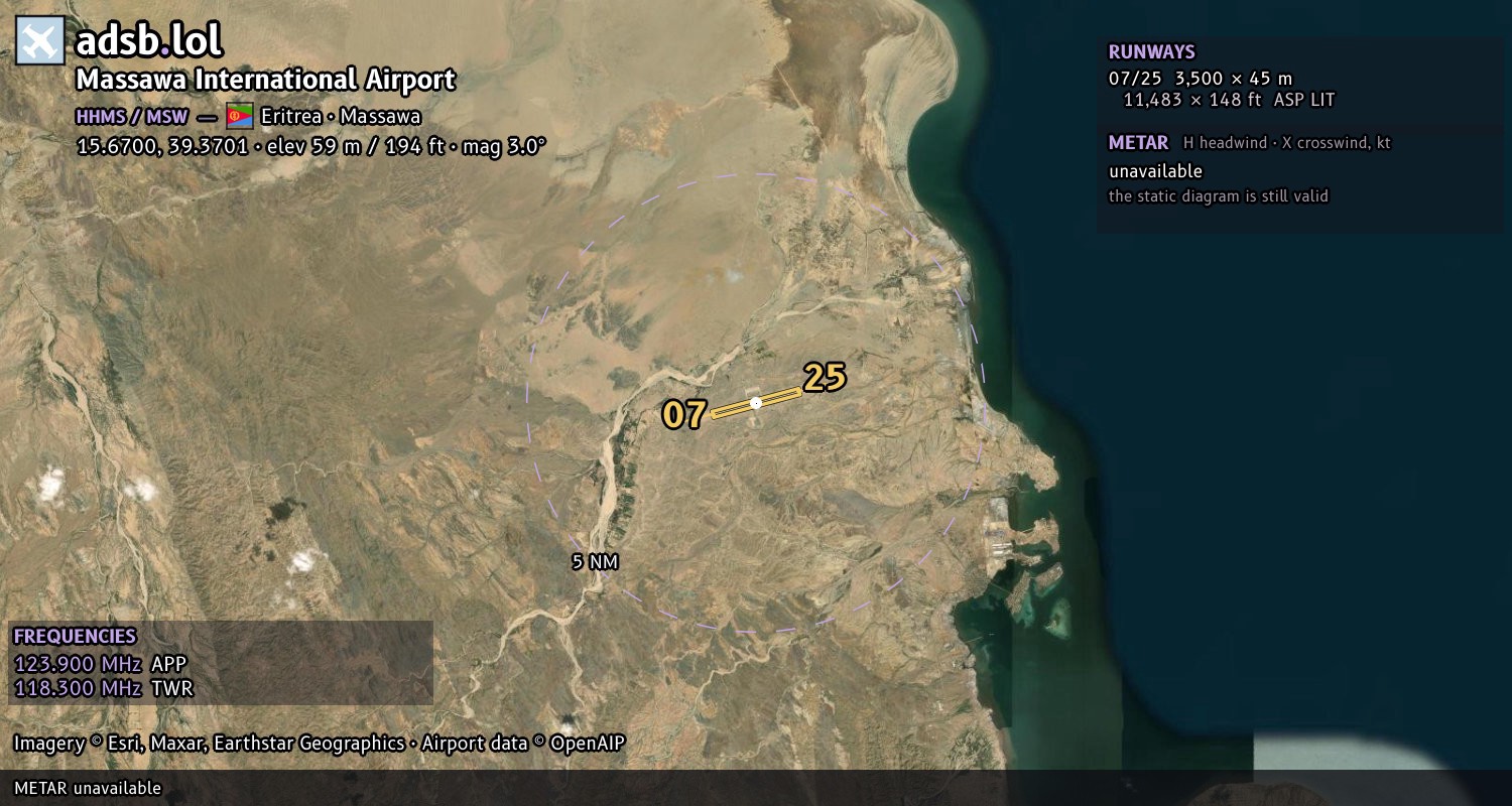 Satellite map with the runway layout of Massawa International Airport (HHMS)
