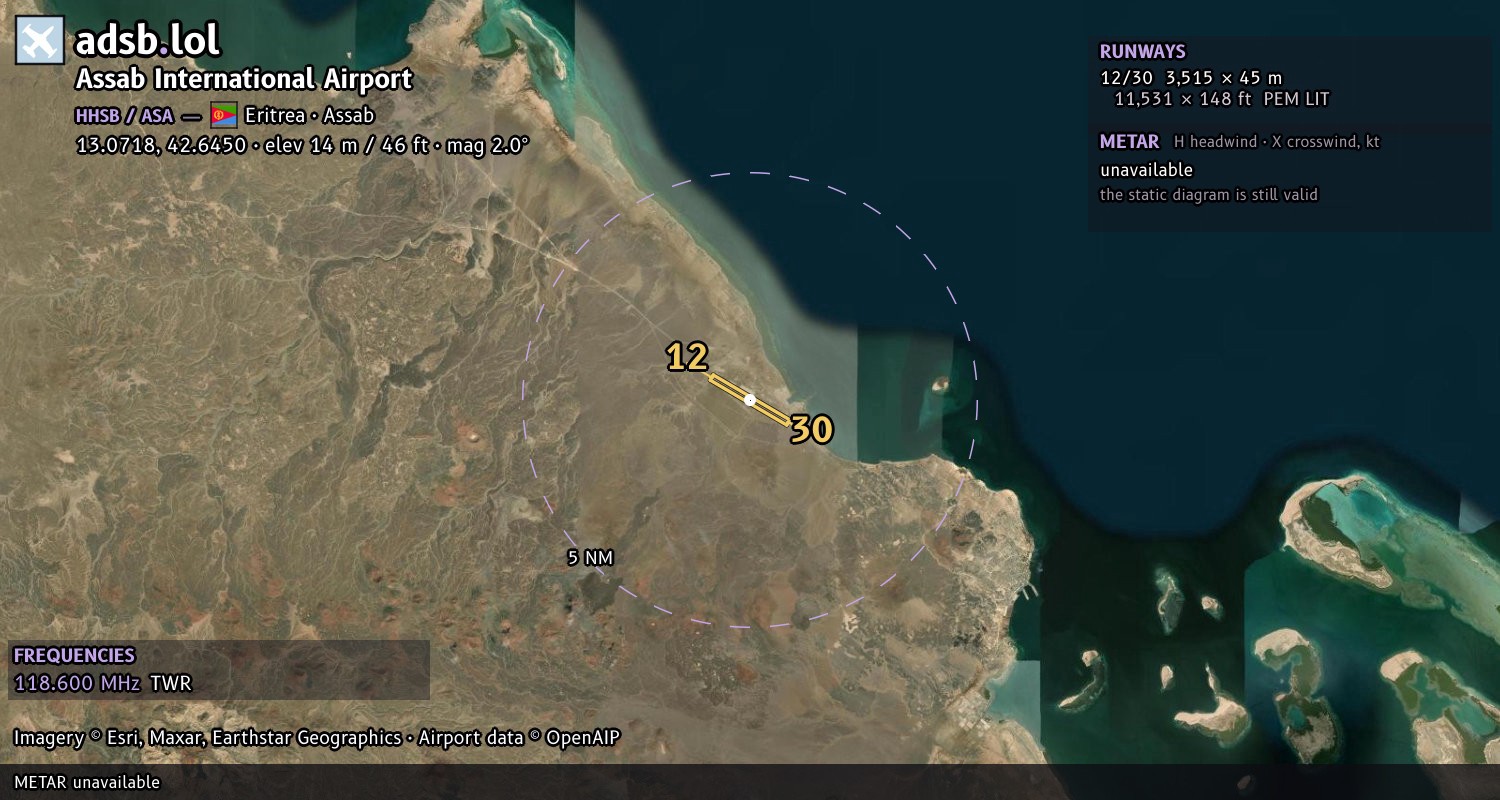 Satellite map with the runway layout of Assab International Airport (HHSB)