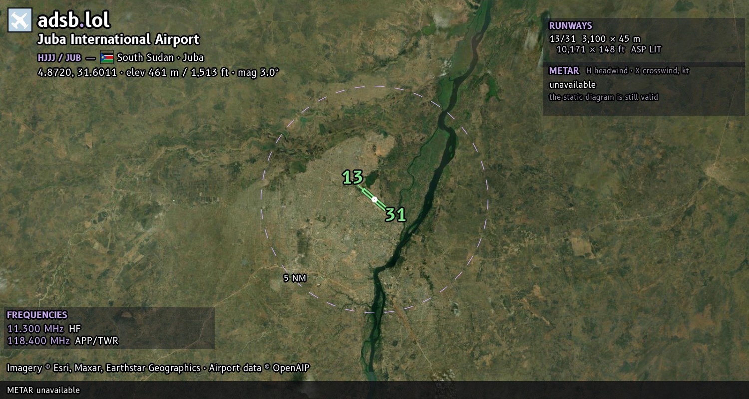 Satellite map with the runway layout of Juba International Airport (HJJJ)