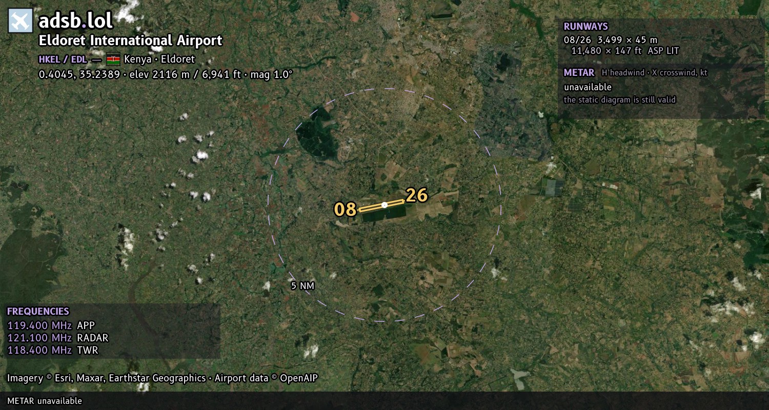 Satellite map with the runway layout of Eldoret International Airport (HKEL)