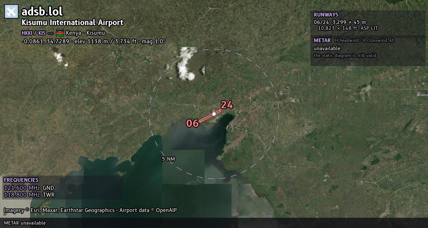 Satellite map with the runway layout of Kisumu International Airport (HKKI)