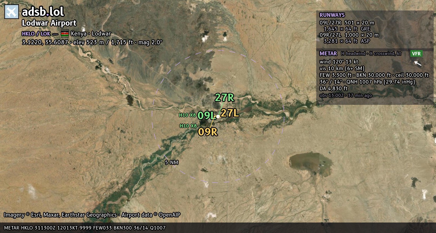 Satellite map with the runway layout of Lodwar Airport (HKLO)