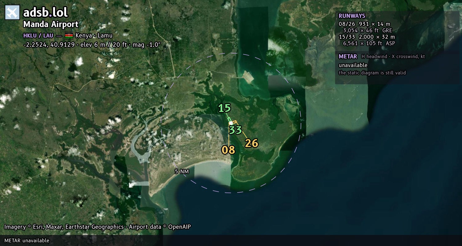 Satellite map with the runway layout of Manda Airport (HKLU)