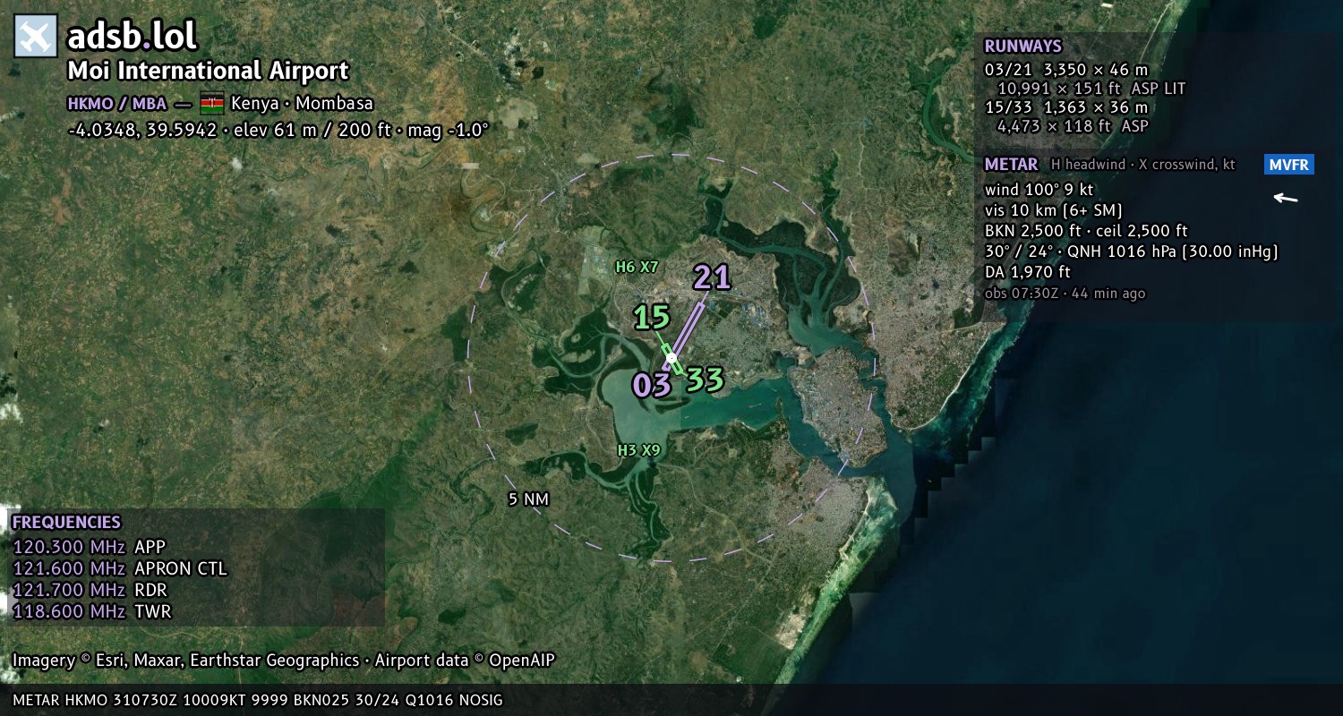 Satellite map with the runway layout of Moi International Airport (HKMO)