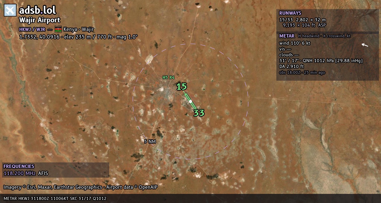 Satellite map with the runway layout of Wajir Airport (HKWJ)