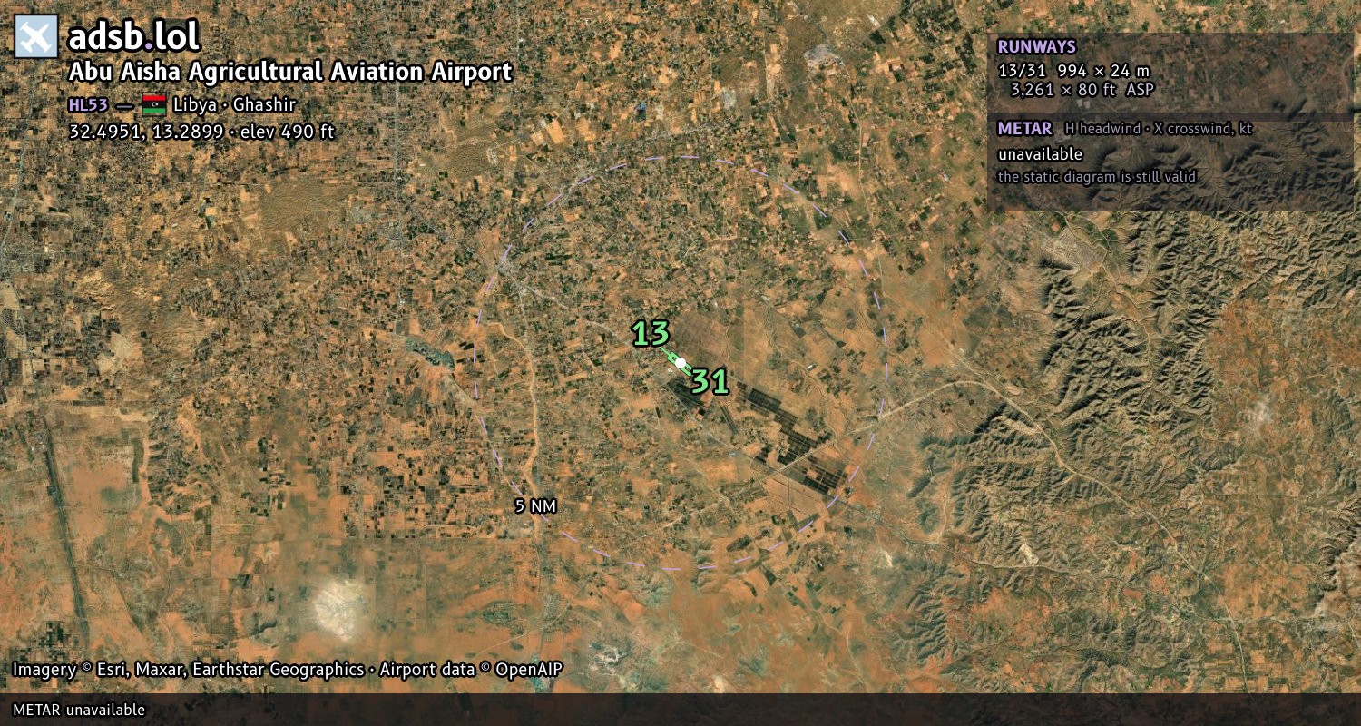Satellite map with the runway layout of Abu Aisha Agricultural Aviation Airport (HL53)