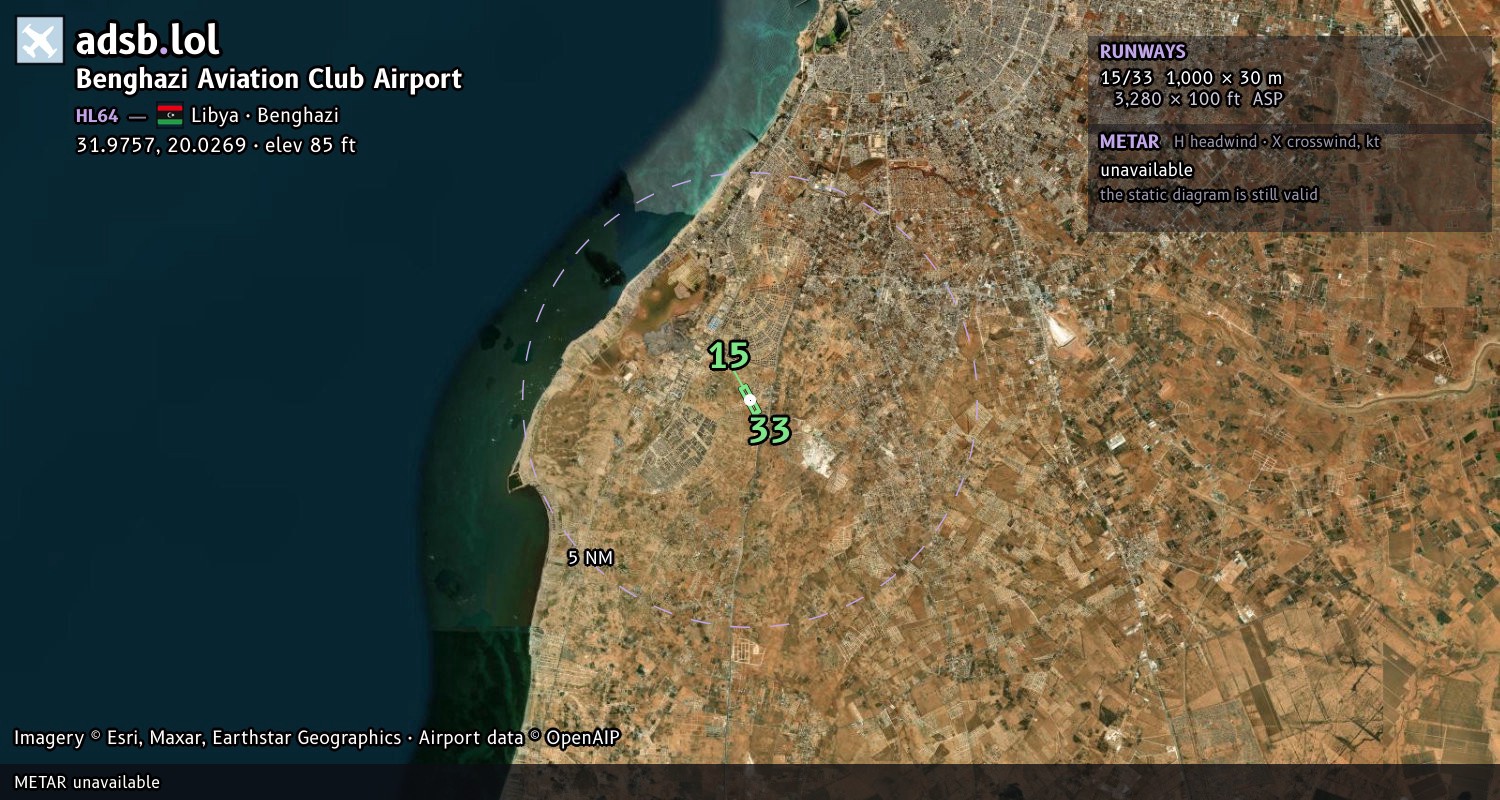 Satellite map with the runway layout of Benghazi Aviation Club Airport (HL64)