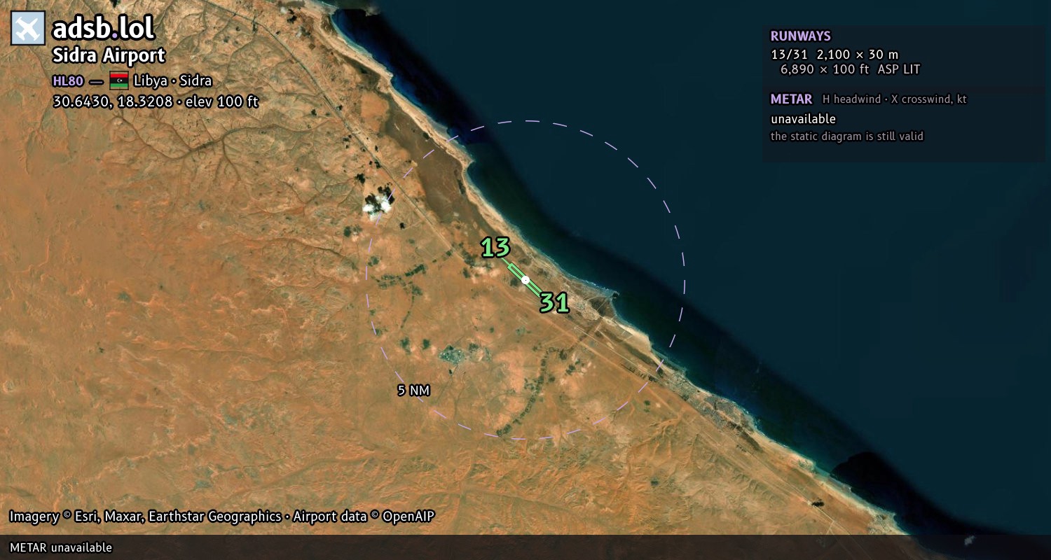 Satellite map with the runway layout of Sidra Airport (HL80)