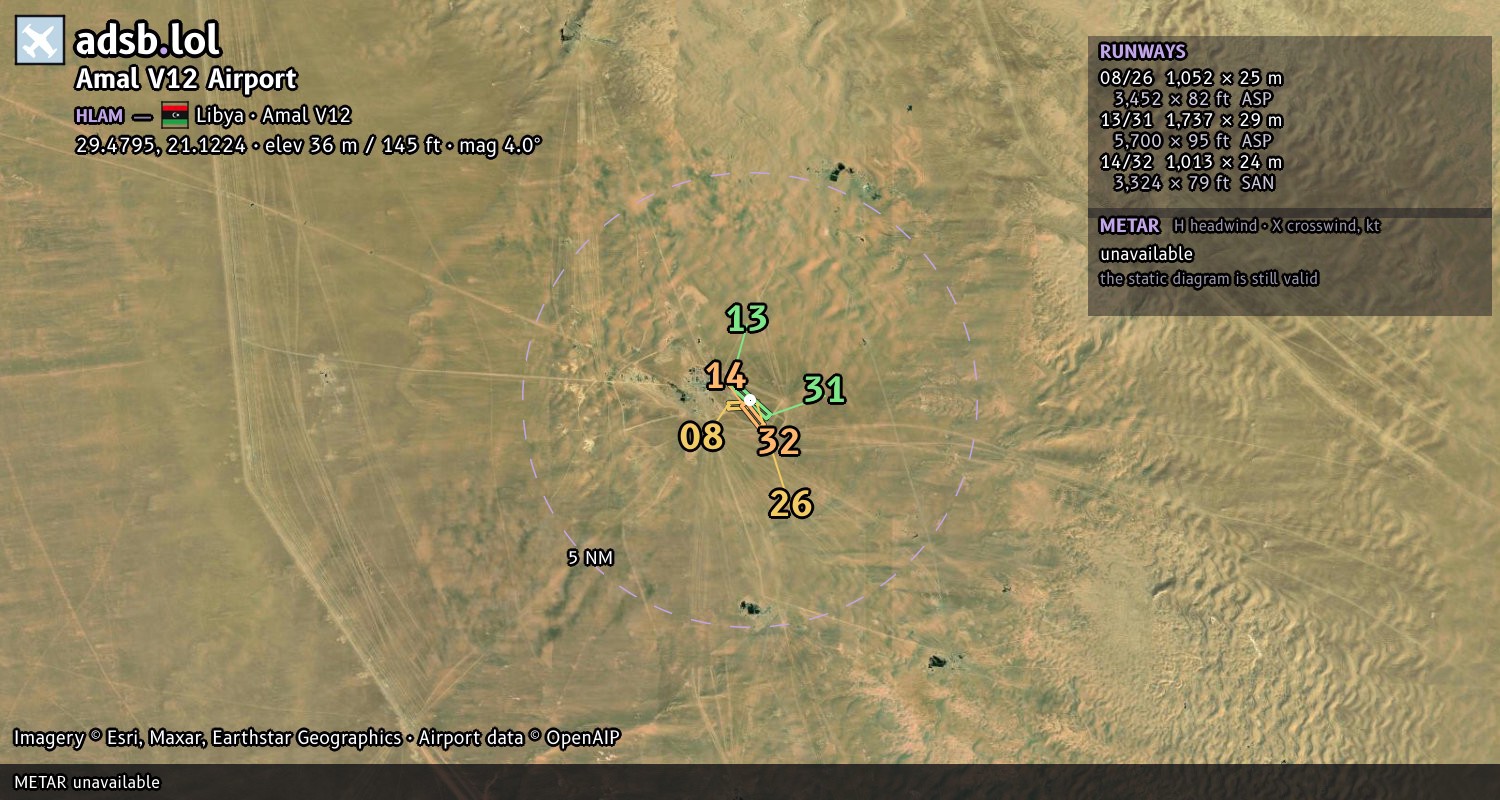 Satellite map with the runway layout of Amal V12 Airport (HLAM)
