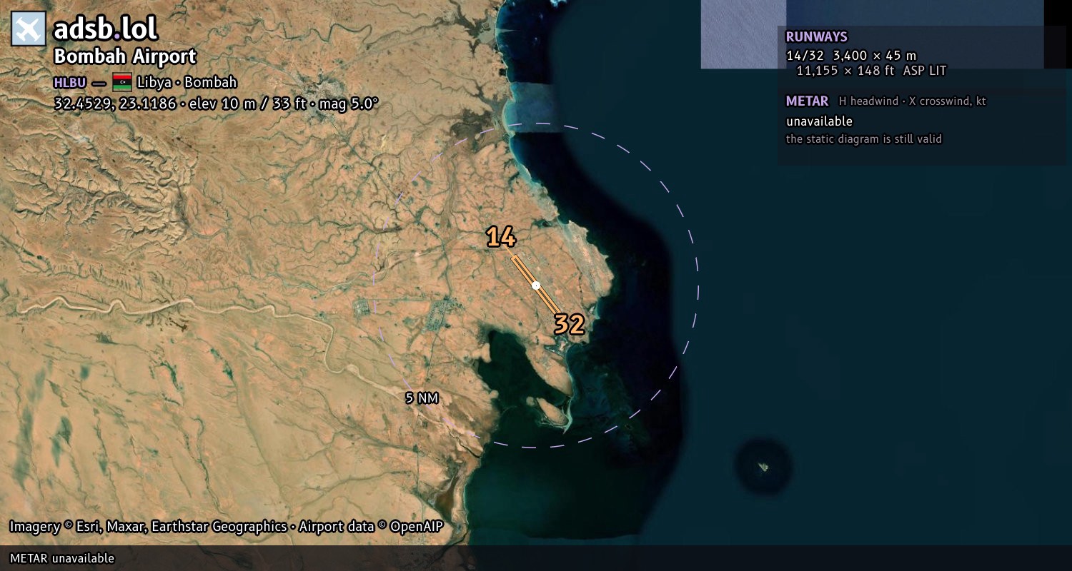 Satellite map with the runway layout of Bombah Airport (HLBU)