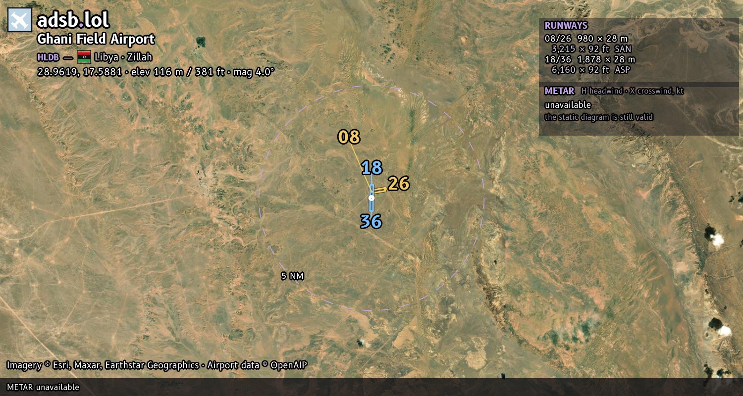 Satellite map with the runway layout of Ghani Field Airport (HLDB)