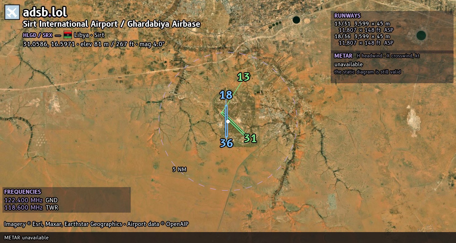 Satellite map with the runway layout of Sirt International Airport / Ghardabiya Airbase (HLGD)