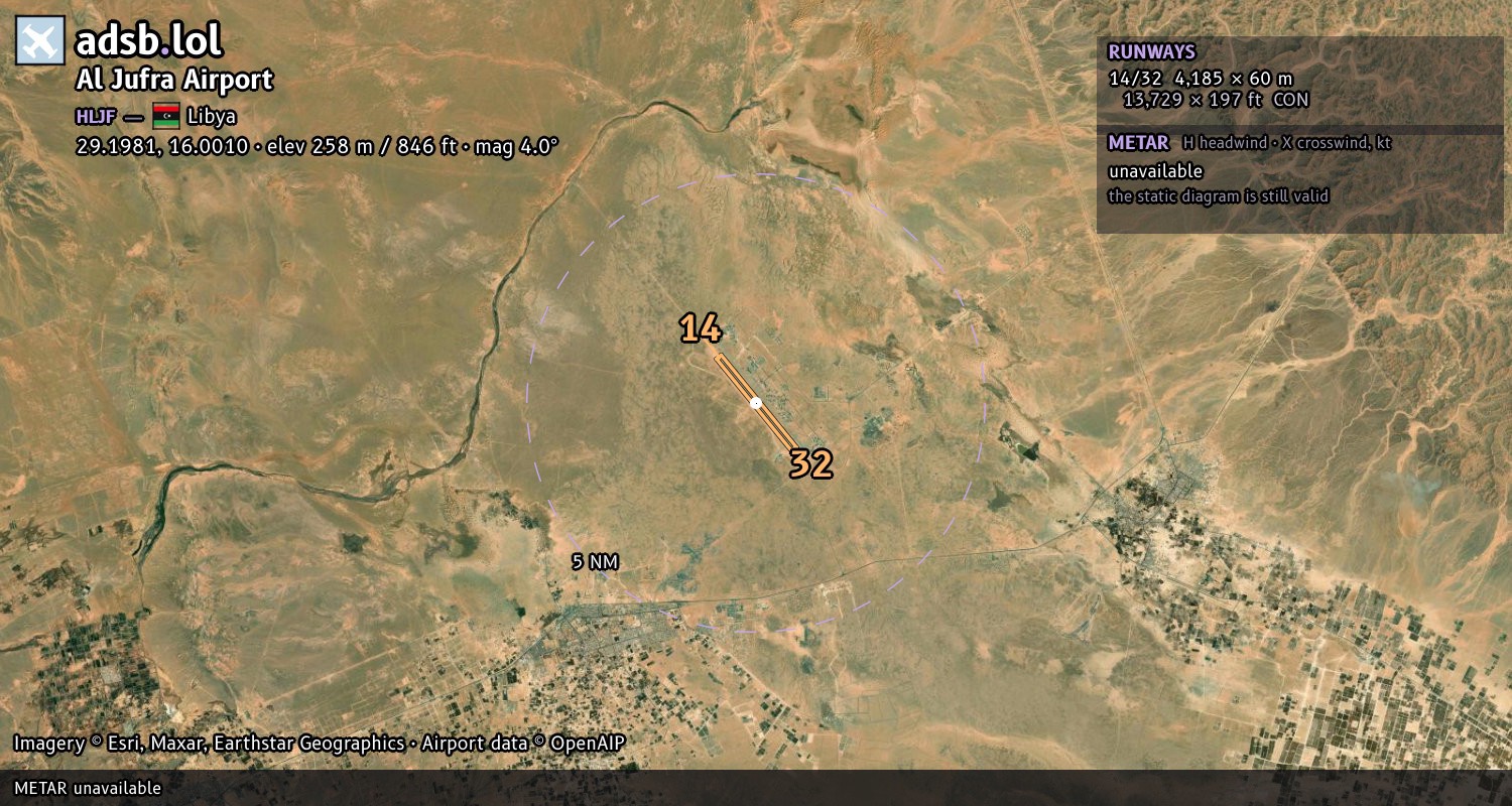 Satellite map with the runway layout of Al Jufra Airport (HLJF)