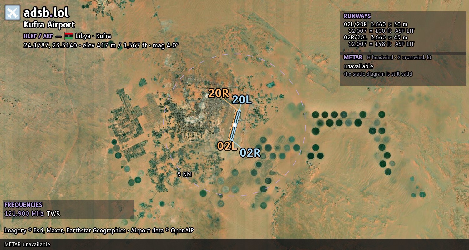 Satellite map with the runway layout of Kufra Airport (HLKF)