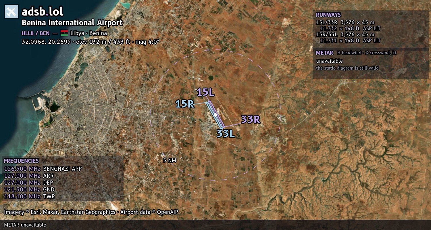 Satellite map with the runway layout of Benina International Airport (HLLB)