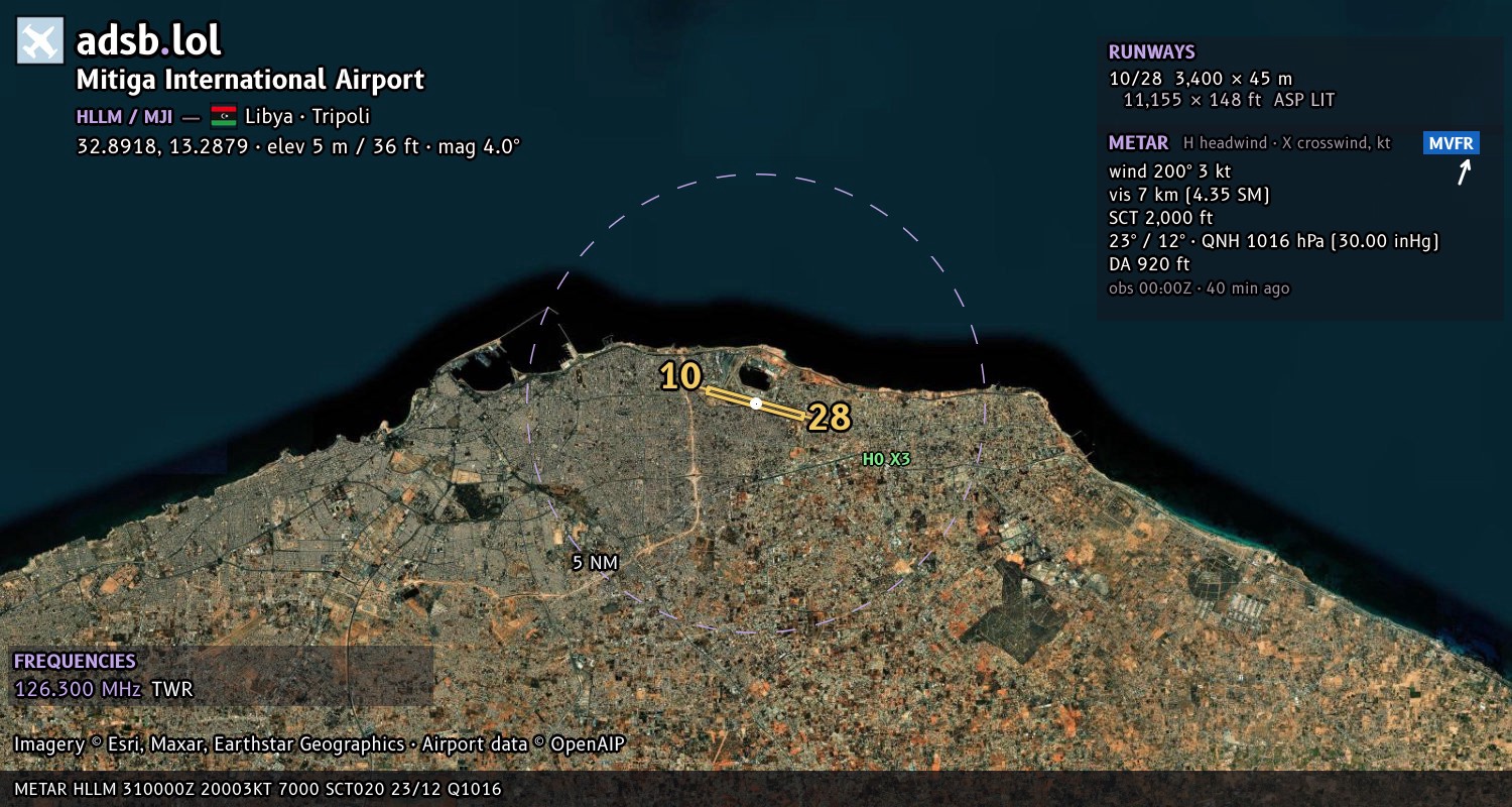 Satellite map with the runway layout of Mitiga International Airport (HLLM)
