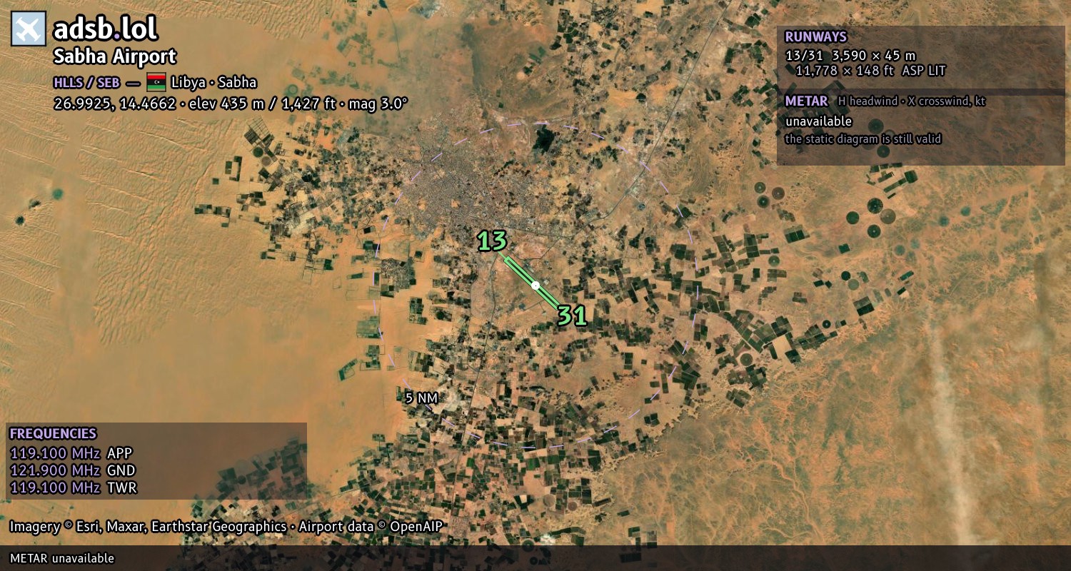 Satellite map with the runway layout of Sabha Airport (HLLS)